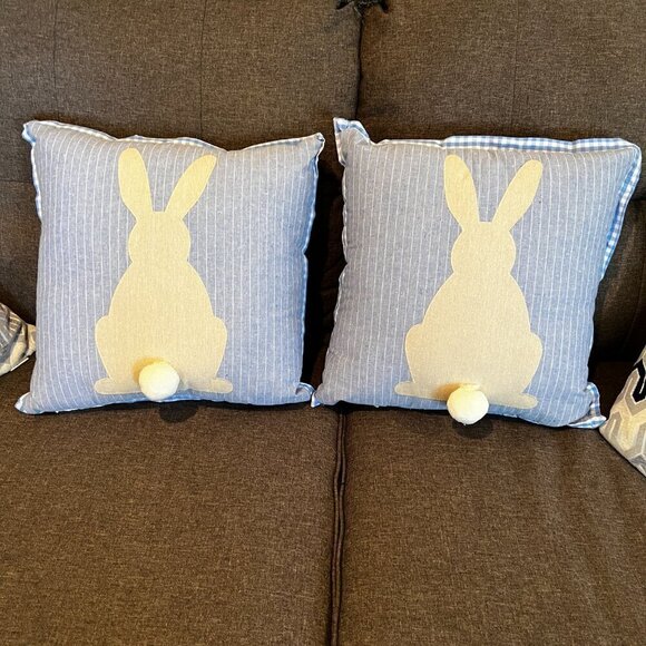 Set of Two 15” Square Bunny Rabbit Pillows Blue Gingham Print With Tails Country - Picture 4 of 9